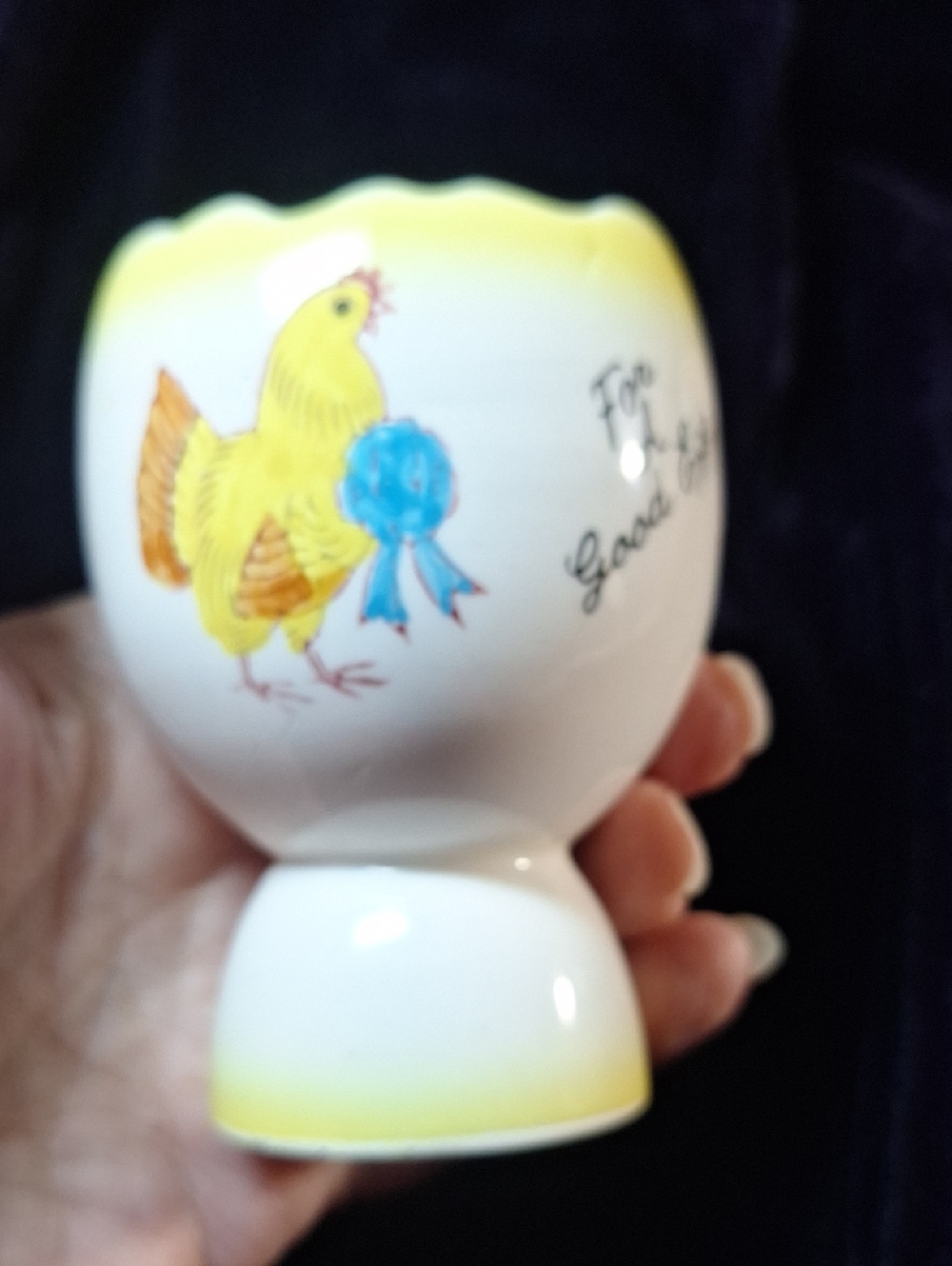 Unique Vintage Yellow Chick Egg Cup with Blue Ribbon Accent
